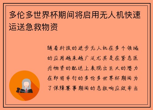 多伦多世界杯期间将启用无人机快速运送急救物资